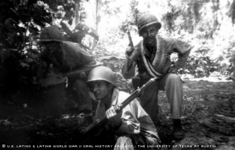 Andrew Esparza (left), Pinky Escoto (middle),and Shultz Wiht (right)in Bougainville Island in the South Pacific,June 1944.