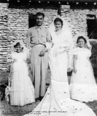 Wedding of Benito M. Lopez and Angelina Milicio. Lopez was Murillo's favorite cousin and Milicio was her best friend.  She introduced them and this photo of their marriage was taken about 1943,  Flowergirls are Rose Marie and Margaret Uriegas