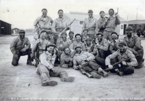 Manuel Vera (middle row, first from left) at Camp McCain, Mississippi, on March 1944.