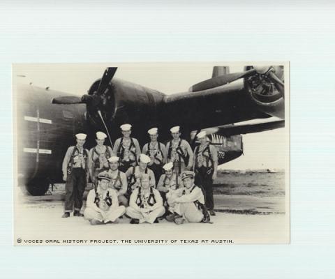 Crew #11 VP772-ATSUG1-NAS. Fernando del Rio standing 2nd from the left. 1951 March, NAS Atsuqi, Japan. Passing from crew #11 VP772 squadron PB$Y2 aircraft patrol Navy squadron.\We were the fist Navy Reserve Squadron to fly combat over Korea.\""