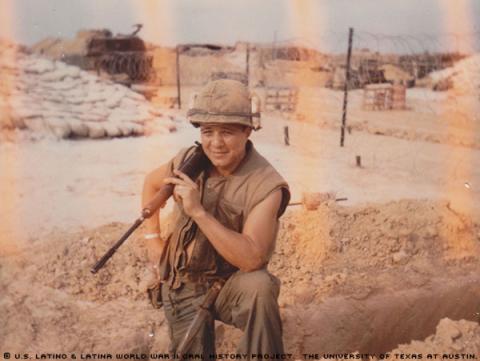 Robert Alonzo Rivera photographed in Con Thien Vietnam, while resting after a fire fight in November, 1968.