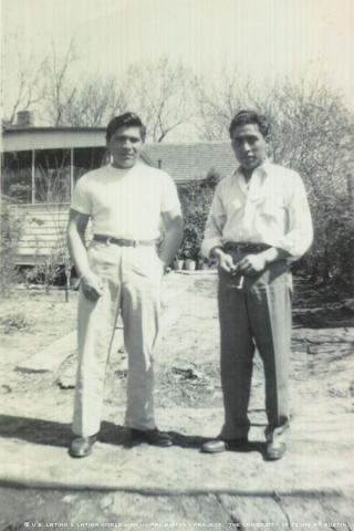 Paul Ybarra (right) with friend Charlie Caudillo in Wellington, Kansas, 1941.