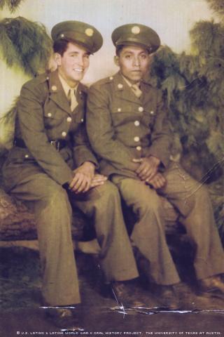 Paul Ybarra (right) with friend Paul Jauregui in Wellington, Kansas, after the war (late 1945).