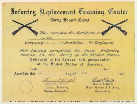 Certificate awarded to Paul Ybarra after completing basic infantry training at Camp Fannin, Texas, on March 1944.
