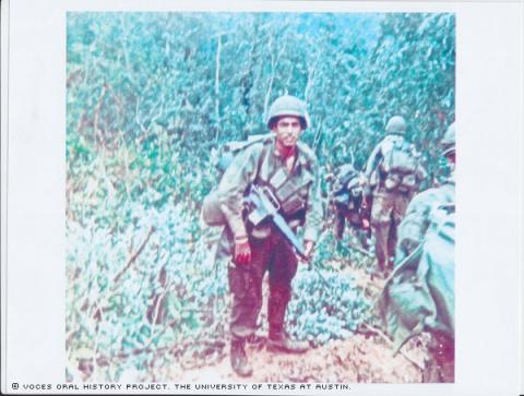 Dan Hinojosa and Gary Tarden in the Ashua valley in North Vietnam around September or October of 1969. They were on patrol on a search and destroy mission.